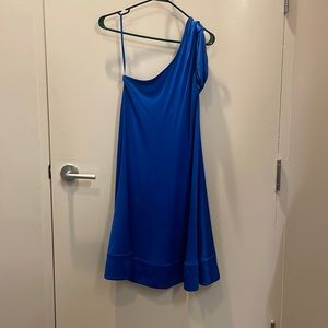 Blue one shoulder DVF dress with shoulder tie detail.